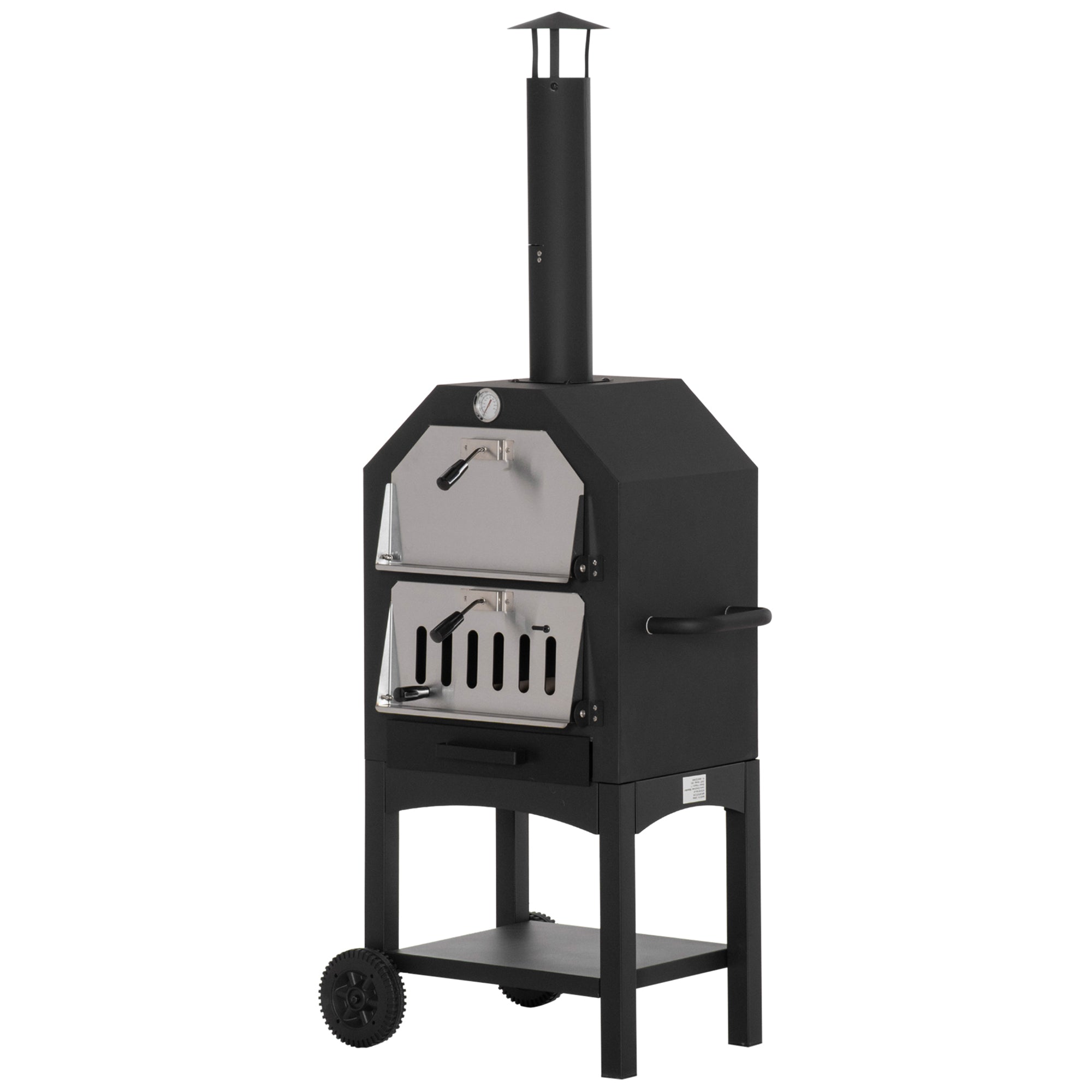 Outsunny Outdoor Garden Pizza Oven Charcoal BBQ Grill 3-Tier Freestanding w/ Chimney, Mesh Shelf, Thermometer Handles, Wheels Garden Party Gathering Stainless Steel Cooker 