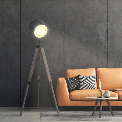 HOMCOM Floor Lamp with Adjustable Tripod for Living Room Bedroom, Vintage Spotlight Reading Lamp with Wood Legs, 115-155cm, Grey 