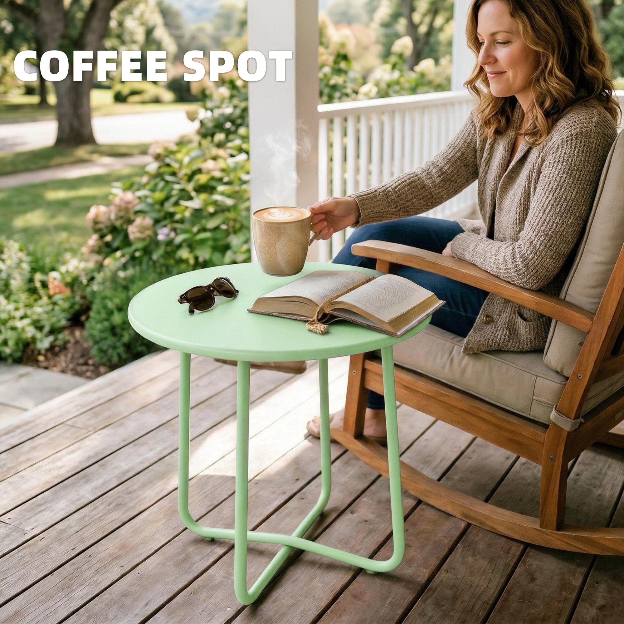 Outsunny 48 cm Round Garden Side Table, Small Metal Outdoor Garden Table with Rolled Edge, Green 