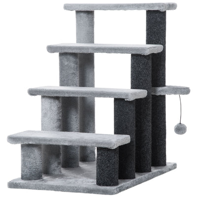 PawHut 4-step Pet Stairs with Scratching Posts, Platforms, Toy Ball, Grey 