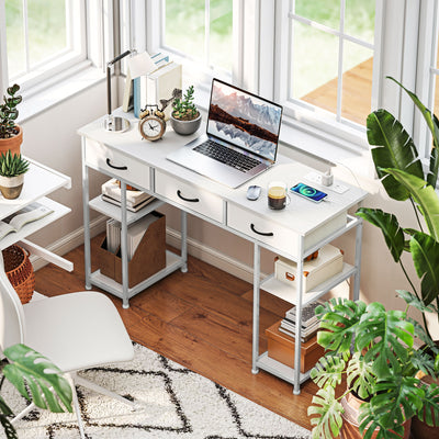 HOMCOM 120cm Computer Desk with Power Outlets, Office Desk Study Table with 3 Fabric Drawers and 4 Storage Shelves, White 