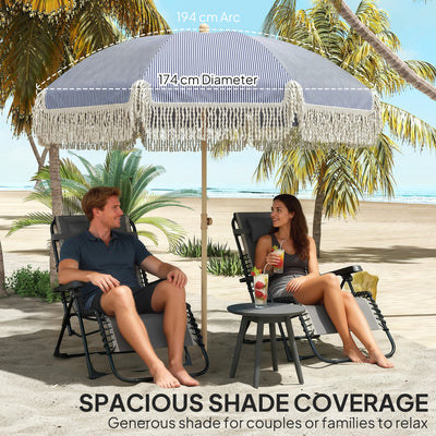 Outsunny 1.7 m Beach Umbrella with Sand Anchor, 30° Tilting Fringed Beach Garden Parasol with Adjustable Height, Blue 