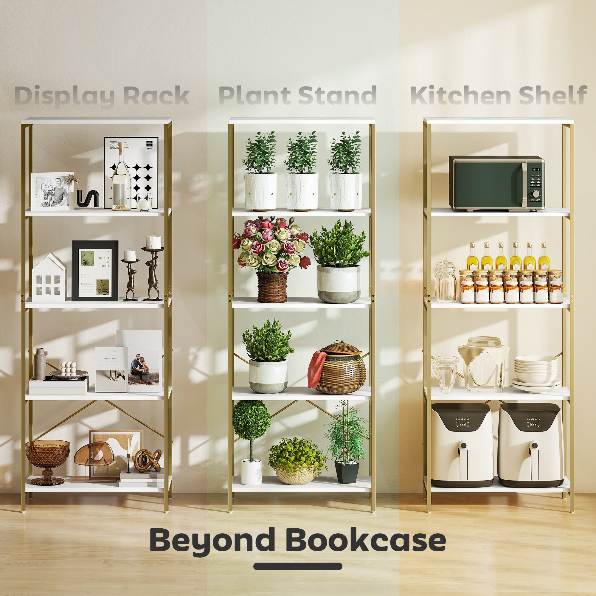 HOMCOM 5-Tier Bookshelf, Modern Bookcase with Metal Frame - White and Gold Tone 