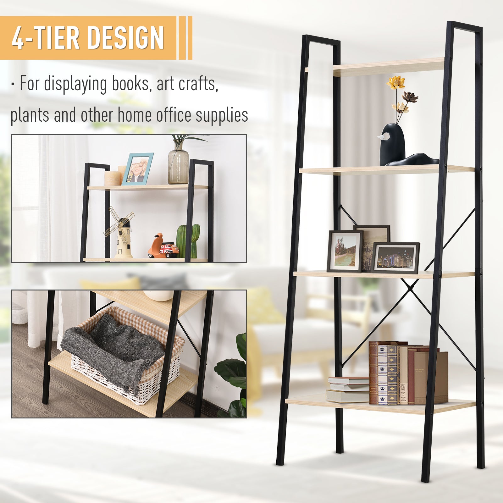 HOMCOM Bookcase 4-Tier Vintage Ladder Shelf with Wood Storage Rack, Stand Plants Display, Black and Natural 