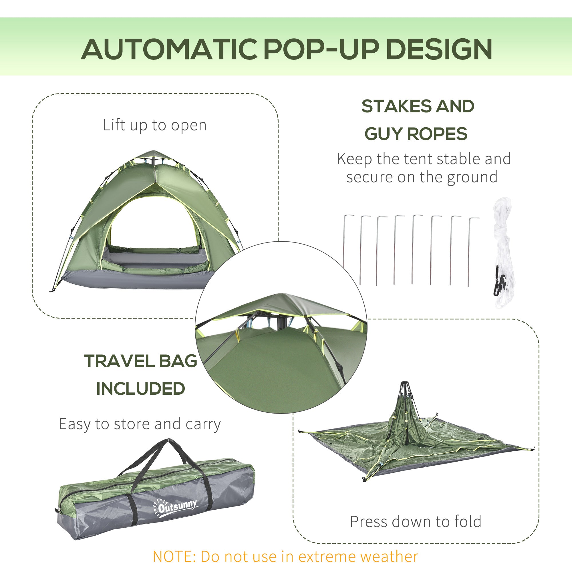 Outsunny 3 Man Camping Tent Automatic Pop Up Tent Portable Double Layer for Festival Hiking Family Travel Shelter 