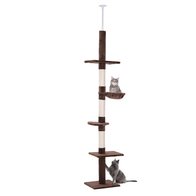 PawHut Floor to Ceiling Cat Tree for Indoor Cats 5-Tier Kitty Tower Climbing Activity Center Scratching Post Adjustable Height 230-260 cm Brown 