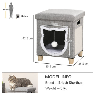 PawHut 2 in 1 Cat Bed Ottoman, Comfortable Cat Sleeping Cave House w/ Removable Cushion, Scratching Pad, Handles, Anti-Slip Foot Pad, Toy Ball, Entrance - Grey 