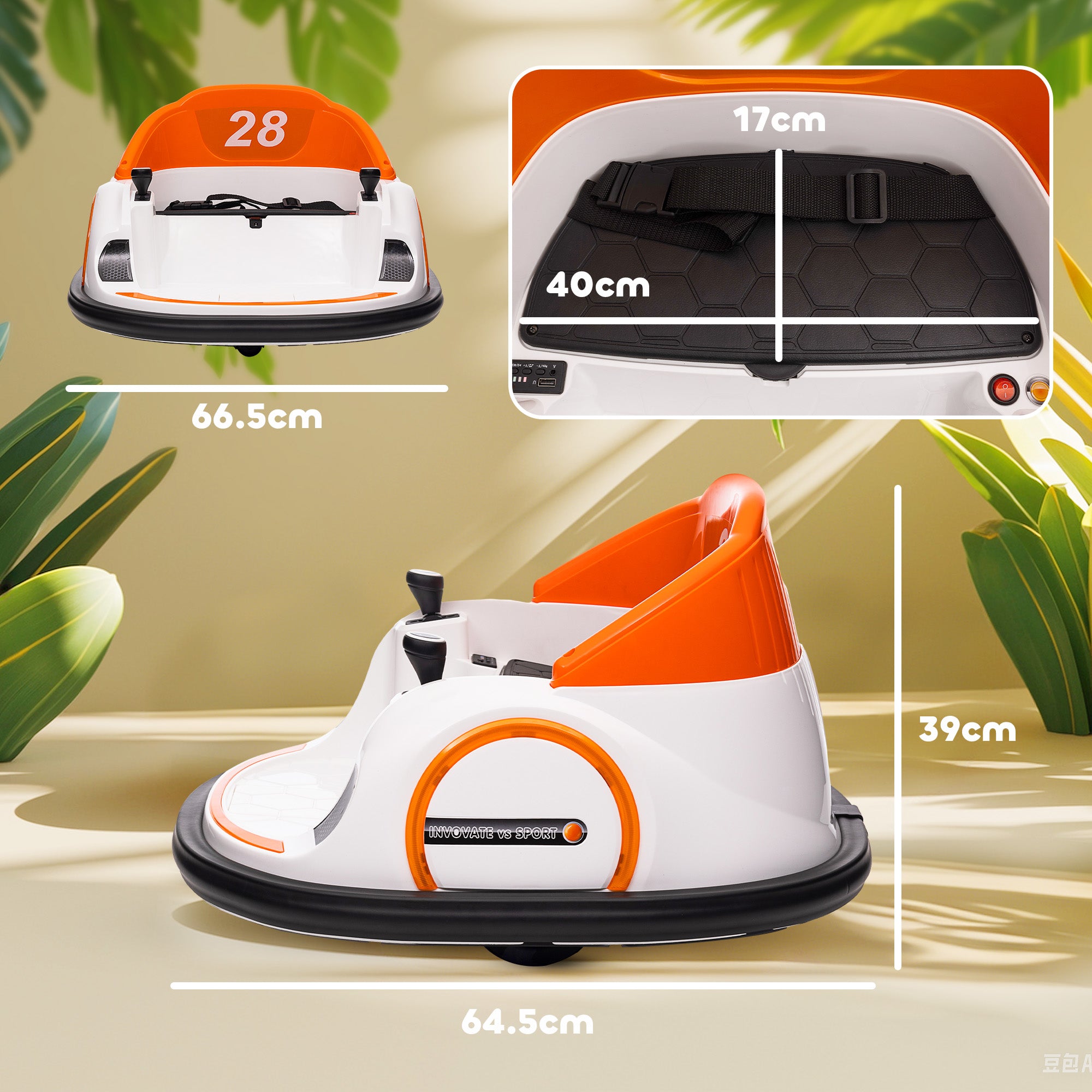 AIYAPLAY 360\'c2\'b0 Rotation Kids Bumper Car, 12V Waltzer Car with Remote Control, Dual Joysticks, Music Lights, Orange 