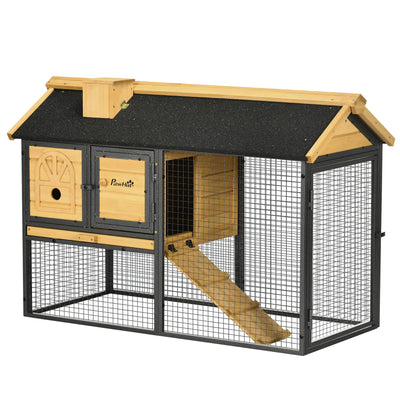 PawHut Outdoor Rabbit Hutch, with Run, Removable Tray, Asphalt Roof, 120 x 55.5 x 80cm 
