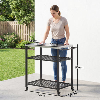 Outsunny Outdoor Grill Cart with Stainless Steel Tabletop, 3-Tier Pizza Oven Stand with 2 Shelves, 6 Hooks, Wheels, Black 