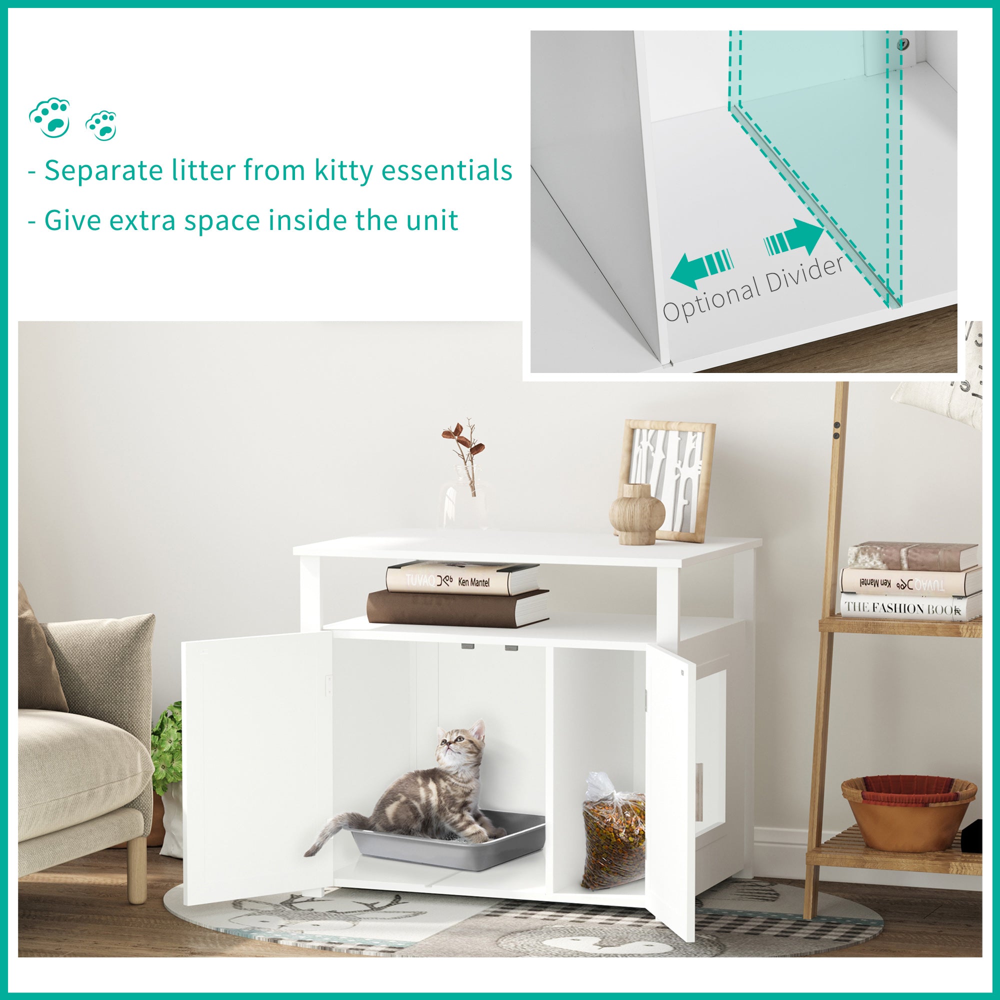 PawHut Wooden Cat Litter Box Enclosure Furniture with Adjustable Interior Wall & Large Tabletop for Nightstand, White 