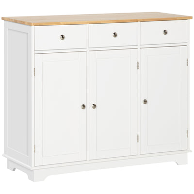 HOMCOM Modern Sideboard with Rubberwood Top, Buffet Cabinet with Storage Cabinets, Drawers and Adjustable Shelves for Living Room, Kitchen, White 