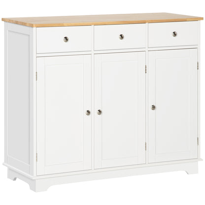 HOMCOM Modern Sideboard with Rubberwood Top, Buffet Cabinet with Storage Cabinets, Drawers and Adjustable Shelves for Living Room, Kitchen, White 