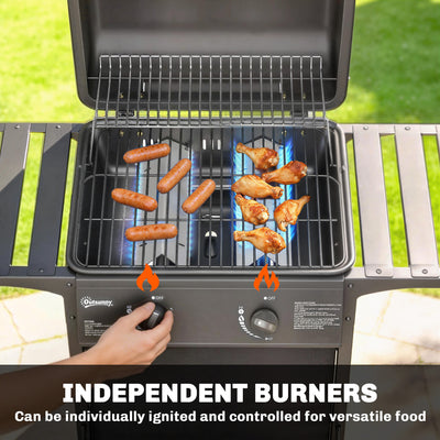 Outsunny Gas Burner Barbecue Grill, 2 Burner Gas Grill with Side Tables, Warming Rack, Shelf, Thermometer, Grease Tray, Black 