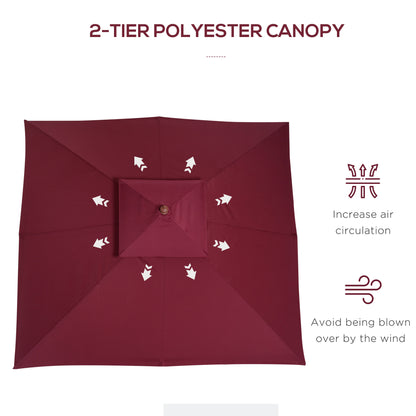 Outsunny 3 x 3(M) Garden Parasol Umbrella Sunshade, Outdoor Wooden Parasol with Double Tier Canopy, Wine Red 