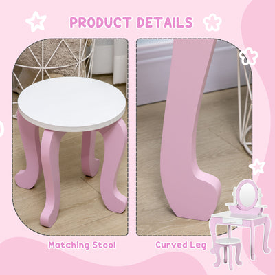 ZONEKIZ Kids Dressing Table Set, with Mirror, Stool, for Ages 3-6 Years - Pink 