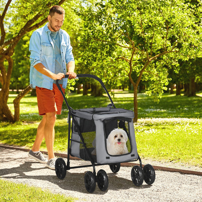 PawHut Dog Pram Dog Stroller 4 Wheels Pet Pushchair with Rolling Door, Cushion, Safety Leashes, for Small and Medium Dogs, Grey 