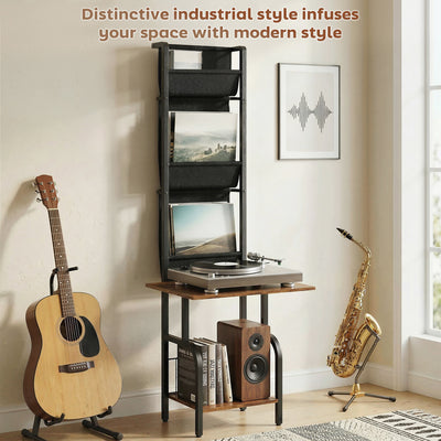 HOMCOM Vinyl Record Player Stand Record Storage with Player Stand Oxford Fabric Pockets Bottom Shelf Rustic Brown and Black 