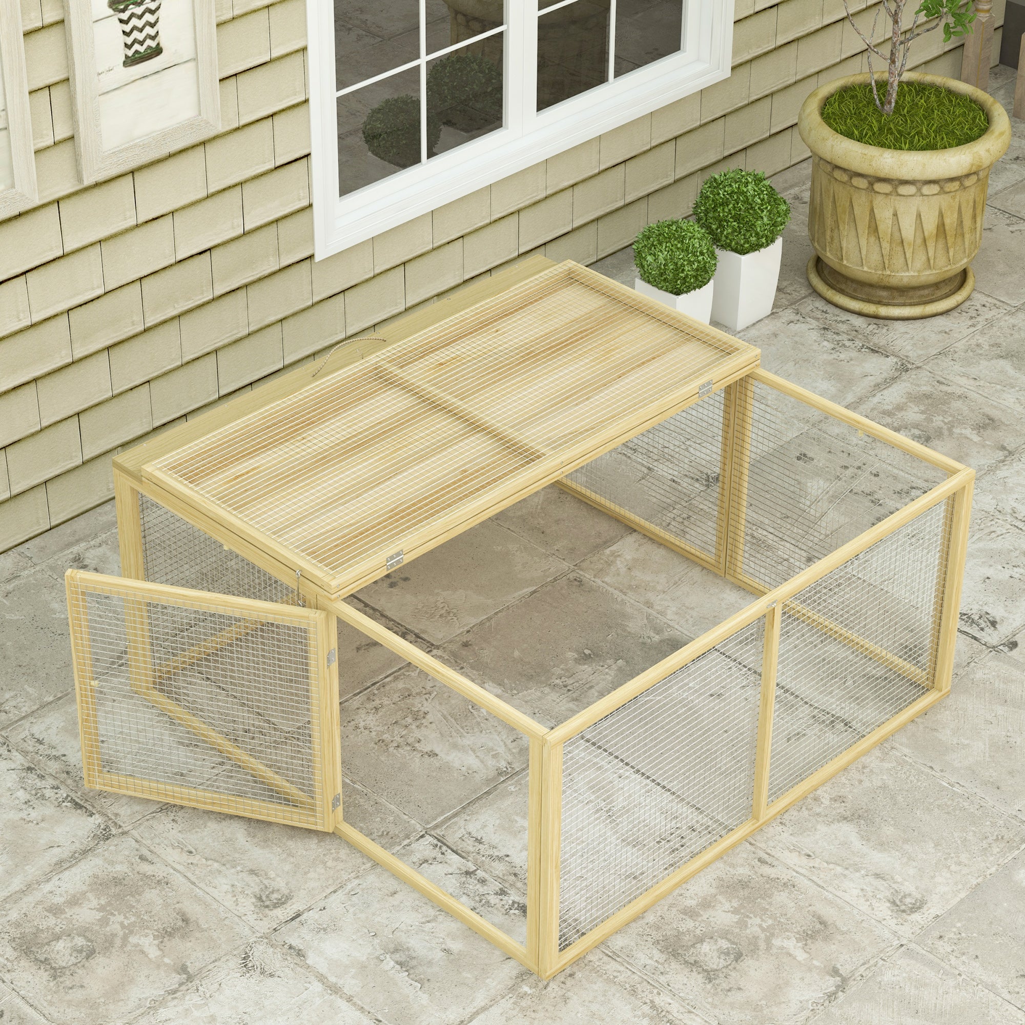 PawHut Wooden Folding Rabbit Hutch, for 2-3 Rabbits - Natural Wood 