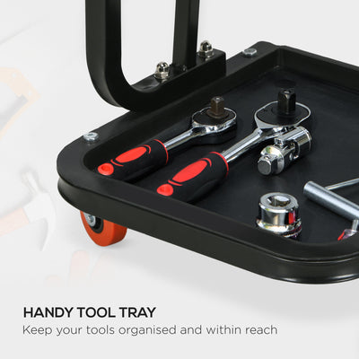 HOMCOM Workshop Stool, Rolling Mechanic Stool with 360 Degree Swivel, Padded Seat, Tool Tray, for Garage, Workshop, Auto Repair, Red 