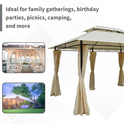 Outsunny 4m x 3(m)Garden Gazebo, Double Roof Outdoor Gazebo Canopy Shelter with Curtains, Solid Steel Frame for Lawn and Deck, Beige 