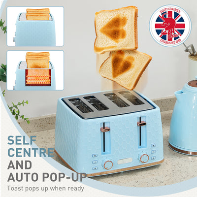 HOMCOM Kettle and Toaster Set, 1.7L 3000W Fast Boil Jug Kettle, 4 Slice Toaster with 7 Level Browning Controls, Light Blue 