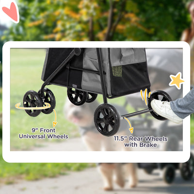 PawHut Dog Pram Dog Stroller 4 Wheels Pet Pushchair with Rolling Door, Cushion, Safety Leashes, for Small and Medium Dogs, Grey 