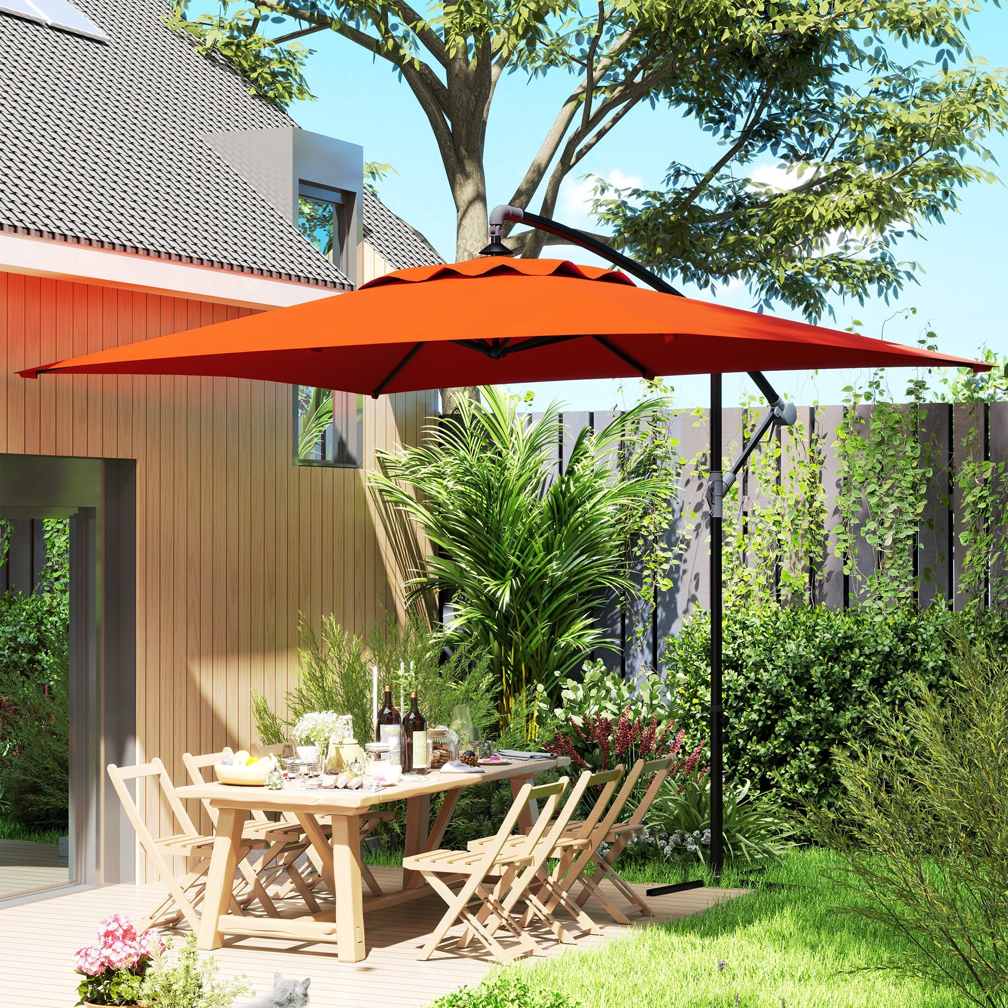 Outsunny 3(m) Cantilever Overhanging Parasol, with Cross Base - Orange 