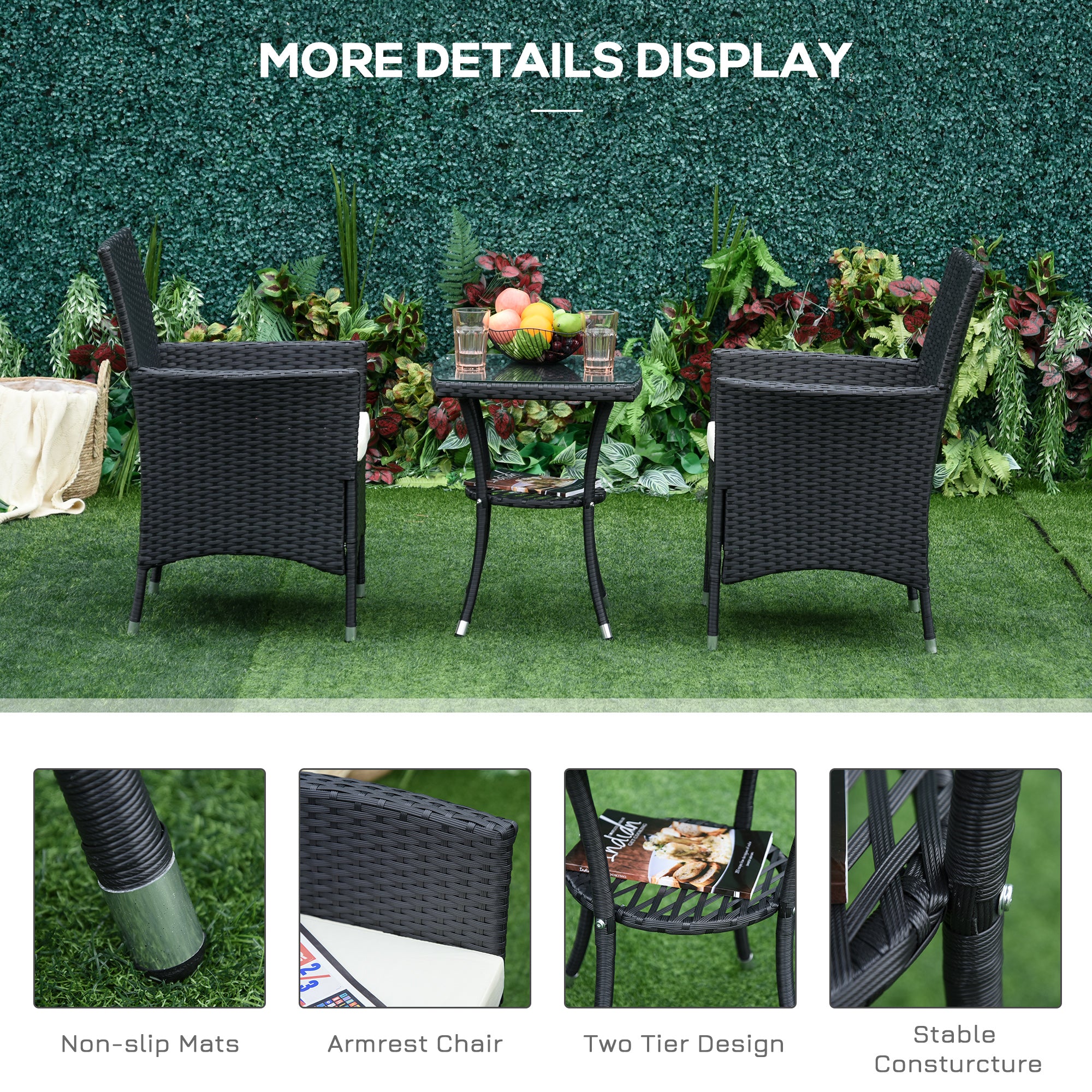 Outsunny 3 Pieces Rattan Bistro Set, Wicker Garden Furniture Set with 2-Tier Coffee Table and Chairs, Cushions, for Outdoor Patio Balcony, Black 