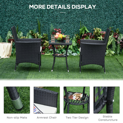 Outsunny 3 Pieces Rattan Bistro Set, Wicker Garden Furniture Set with 2-Tier Coffee Table and Chairs, Cushions, for Outdoor Patio Balcony, Black 