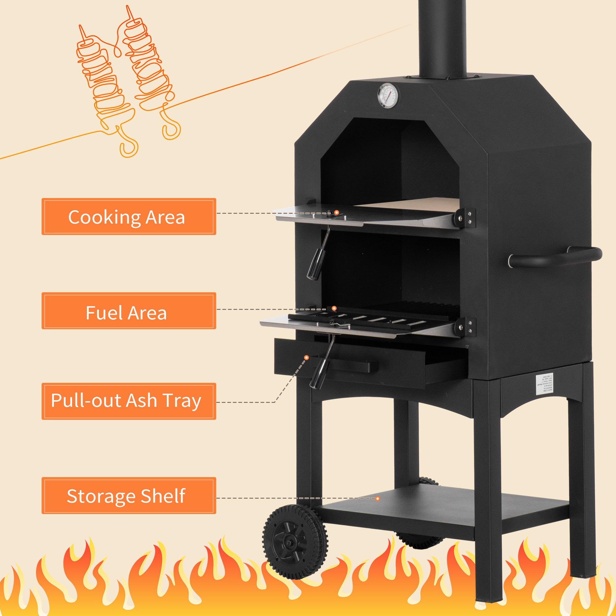 Outsunny Outdoor Garden Pizza Oven Charcoal BBQ Grill 3-Tier Freestanding w/ Chimney, Mesh Shelf, Thermometer Handles, Wheels Garden Party Gathering Stainless Steel Cooker 