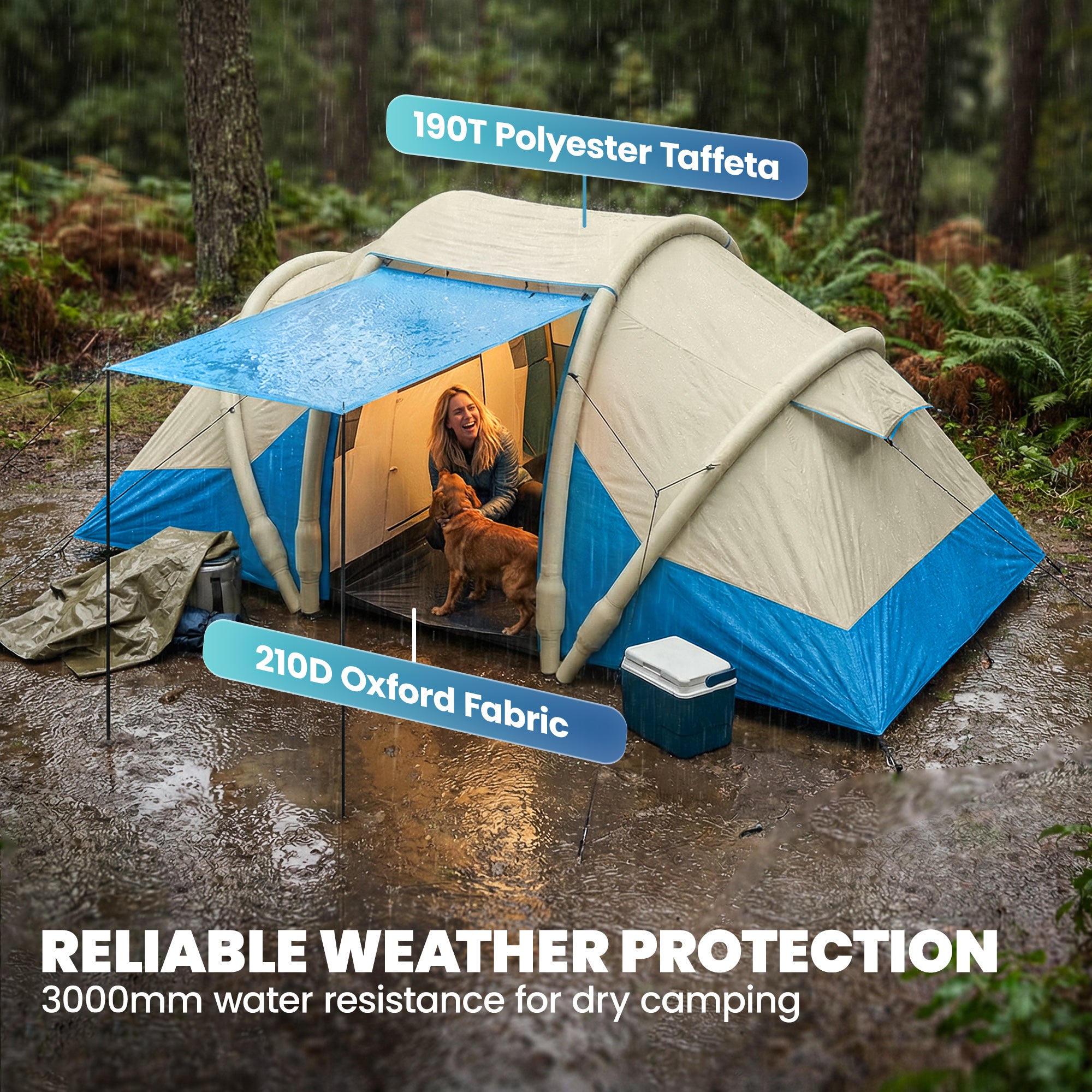 Outsunny Inflatable Tent 2 Bedroom 3000mm Waterproof Windproof Air Tent with Carry Bag for 4 Person 