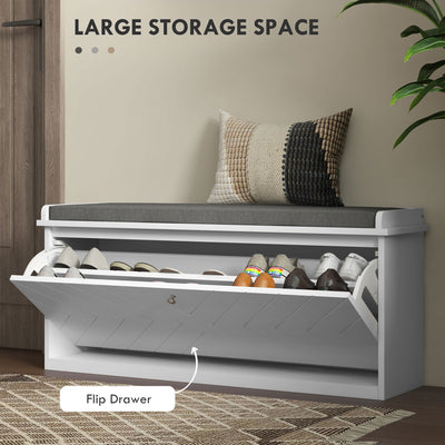 HOMCOM 10-Shoe Storage Bench, with Padded Top Seat - White/Grey 