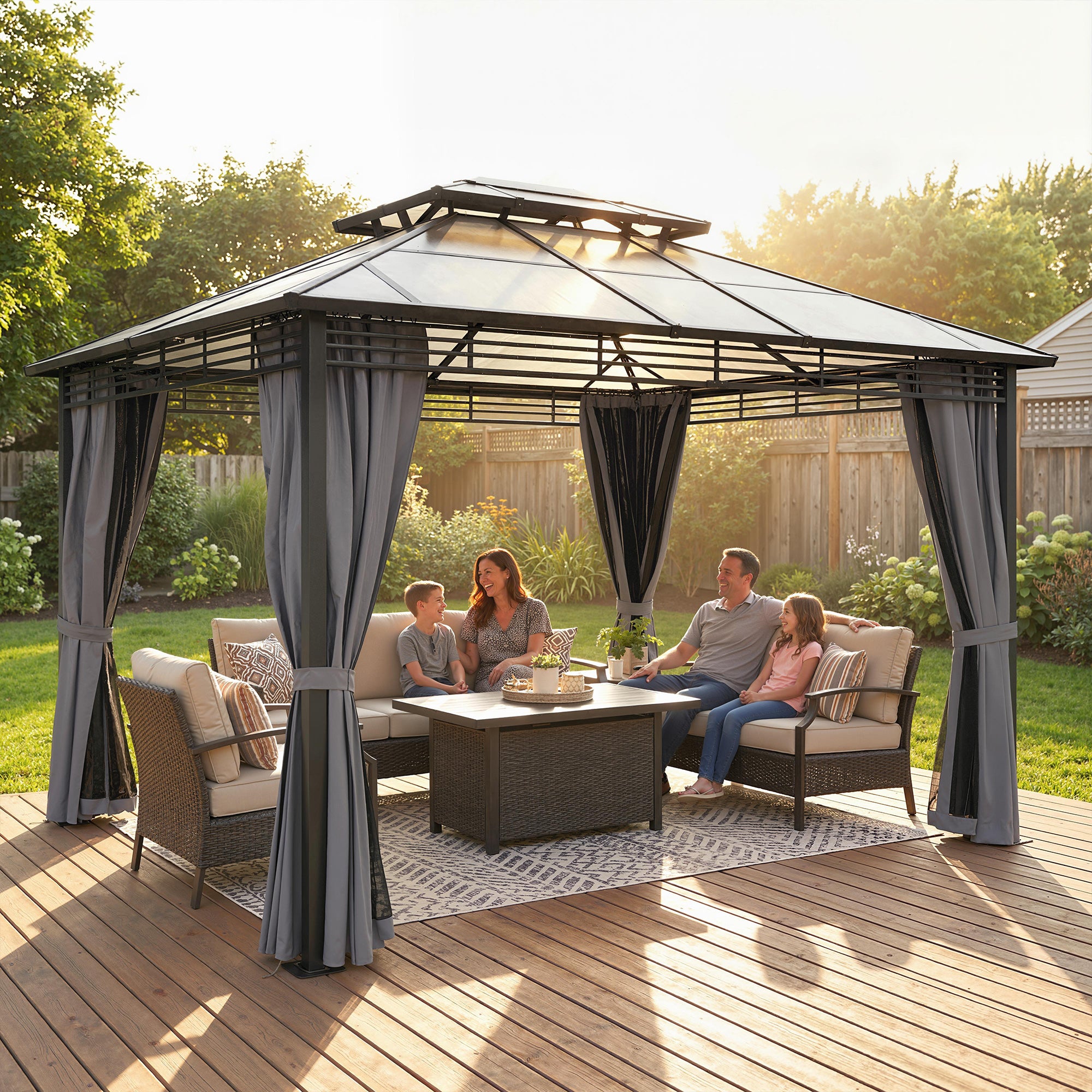 Outsunny 3 x 3.6 m Outdoor Hardtop Gazebo Canopy with 2-Tier Roof, Permanent Pavilion Garden Metal Gazebo with Sides, Dark Grey 