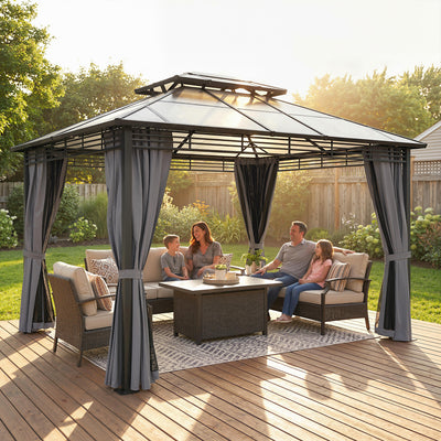 Outsunny 3 x 3.6 m Outdoor Hardtop Gazebo Canopy with 2-Tier Roof, Permanent Pavilion Garden Metal Gazebo with Sides, Dark Grey 