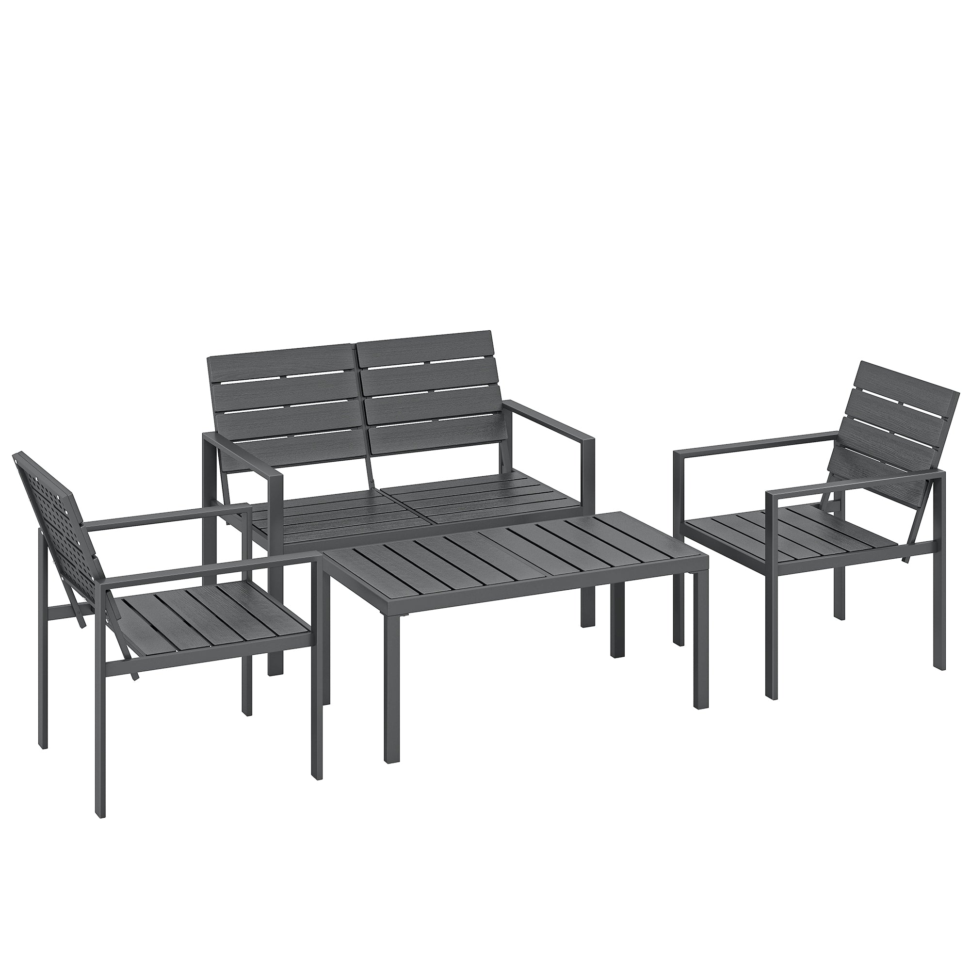 Outsunny 4 Piece Garden Furniture Set, Outdoor Sofa Set with HDPE Slatted Loveseat Armchairs Coffee Table Metal Frame, Dark Grey 