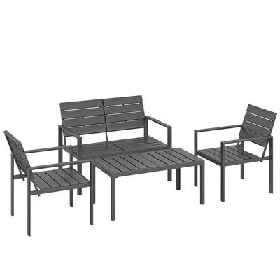 Outsunny 4 Piece Garden Furniture Set, Outdoor Sofa Set with HDPE Slatted Loveseat Armchairs Coffee Table Metal Frame, Dark Grey 