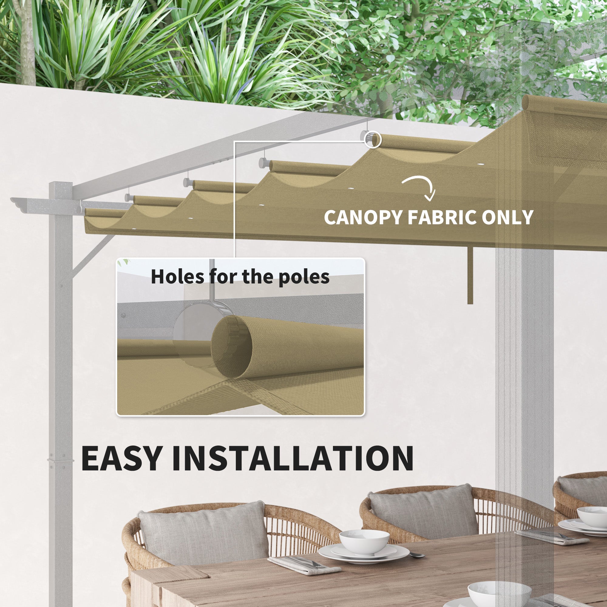Outsunny Retractable Pergola Shade Cover, Replacement Canopy for 4 x 3 (m) Pergola, Retractable Roof, Tan 