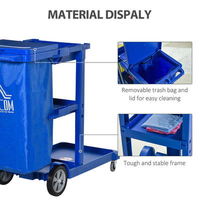 HOMCOM Janitor Cleaning Trolley, with Bin, Shelves and Hooks - Blue 