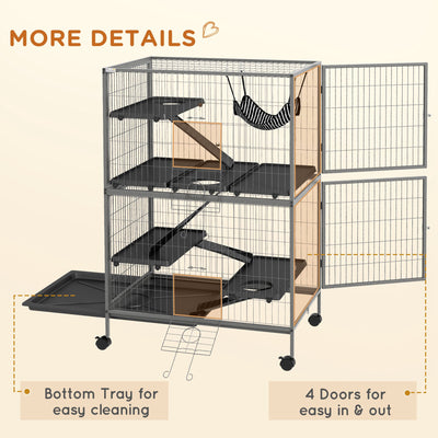 PawHut Small Animal Cage for Chinchilla Ferret Kitten on Wheels with Hammock Removable Tray, Grey 
