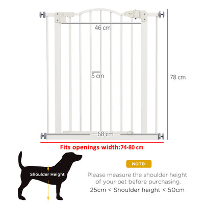 PawHut Metal 74-80cm Adjustable Pet Gate Safety Barrier w/ Auto-Close Door White 