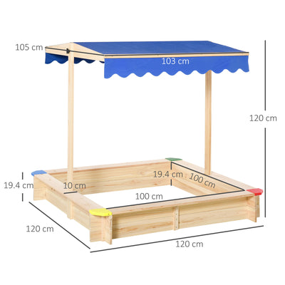 Outsunny Kids Wooden Sand Pit Children Square Sandbox Outdoor Playset Play Station Adjustable Canopy Bench Seat 120x120x120cm 