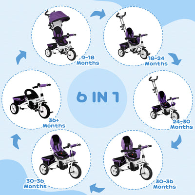 HOMCOM 6 in 1 Kids Trike Push Bike w/ Push Handle, Canopy, 5-point Safety Belt, Storage, Footrest, Brake, for 1-5 Years, Purple 