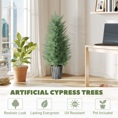 HOMCOM 90cm Artificial Cypress Trees Set of 2, UV Resistant Artificial Plants with Decorative Pot, Fake Plants for Indoor Outdoor Decor, Green 