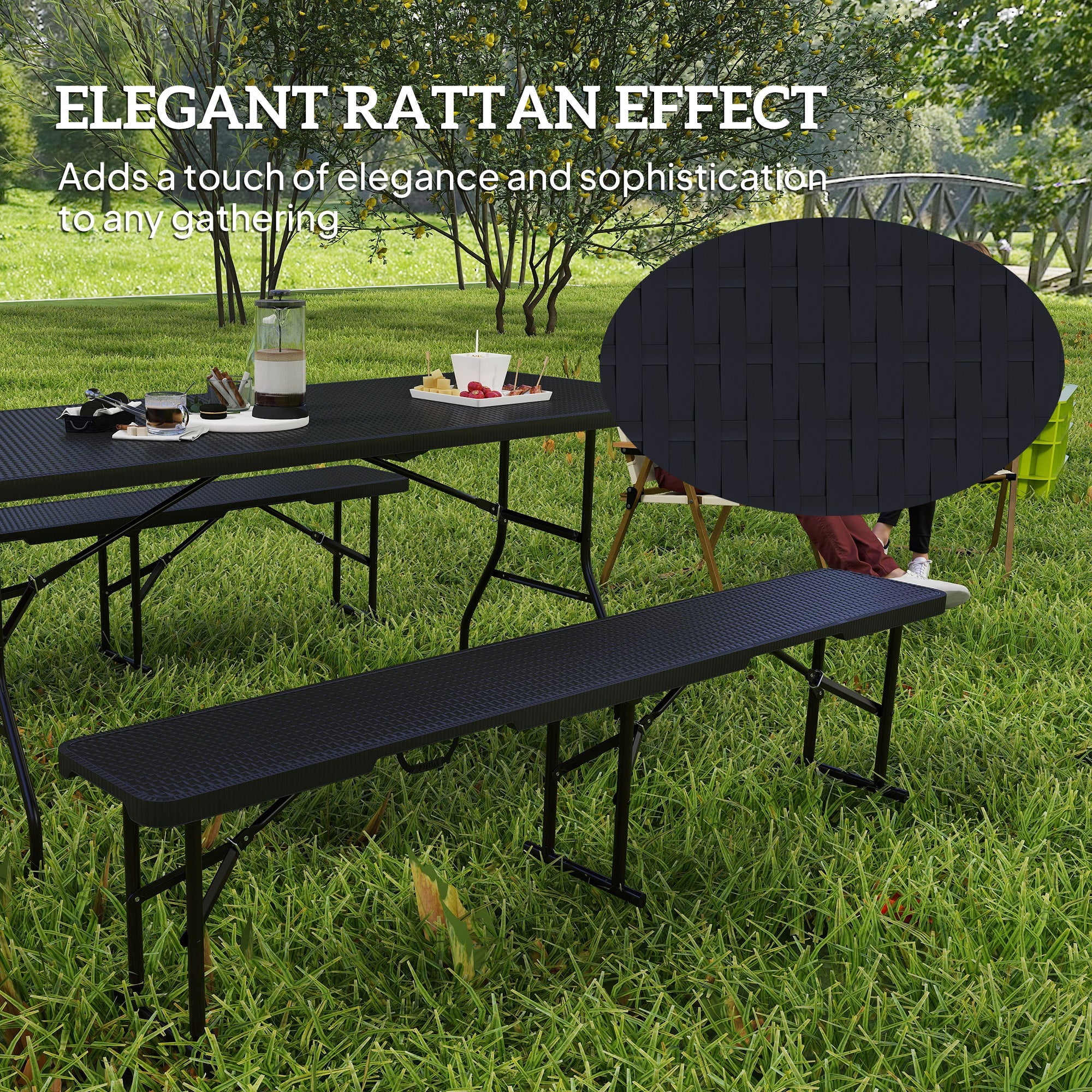 Outsunny Folding Picnic Table and Bench Set, Rattan Effect Portable Camping Table and Chairs with Carrying Handles for Indoor Outdoor, Dining, Camping, Picnic, BBQ, Party, Black 