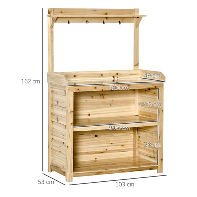 Outsunny Garden Potting Bench Table, Wooden Workstation Bench w/ Galvanized Metal Tabletop, Storage Shelves and Hooks, Natural 