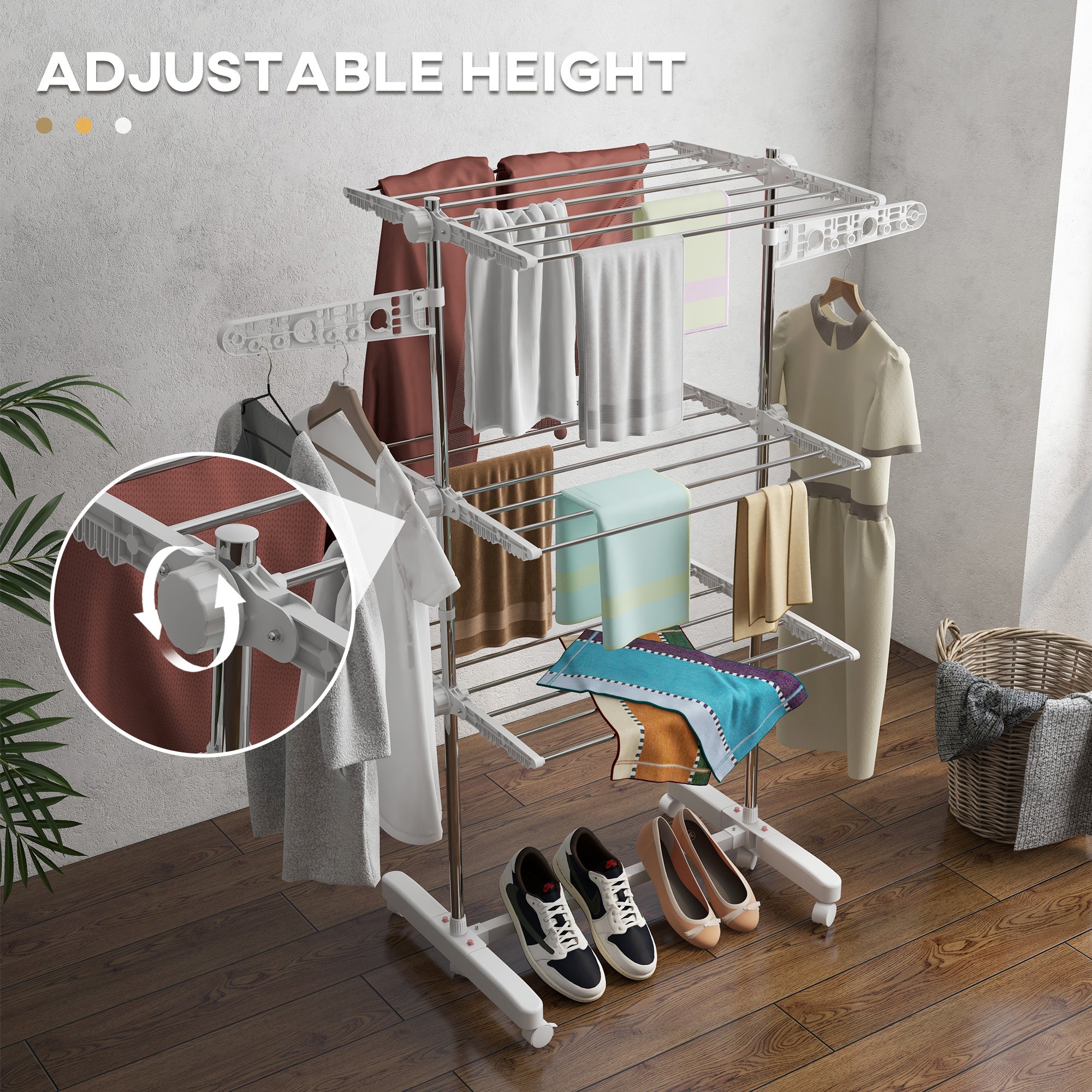 HOMCOM 3-Tier Clothes Airer, Stainless Steel Foldable Clothes Drying Rack with Wheels and Wings, Indoor and Outdoor, Easy Assembly, 142 x 55 x 152cm, White 