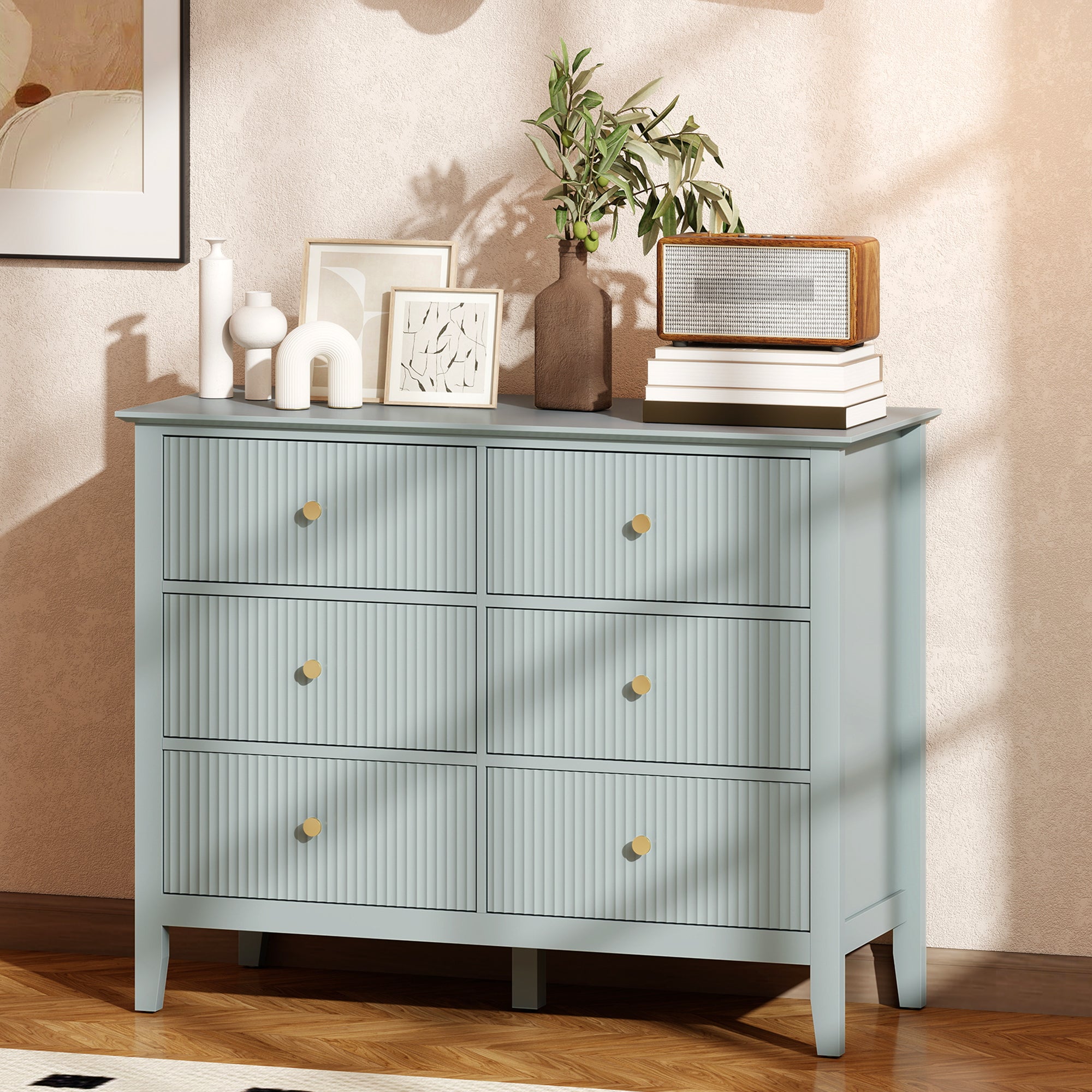 HOMCOM Fluted Dresser, 6 Drawer Chest of Drawers for Bedroom, Living Room, Hallway, Closet, Green 