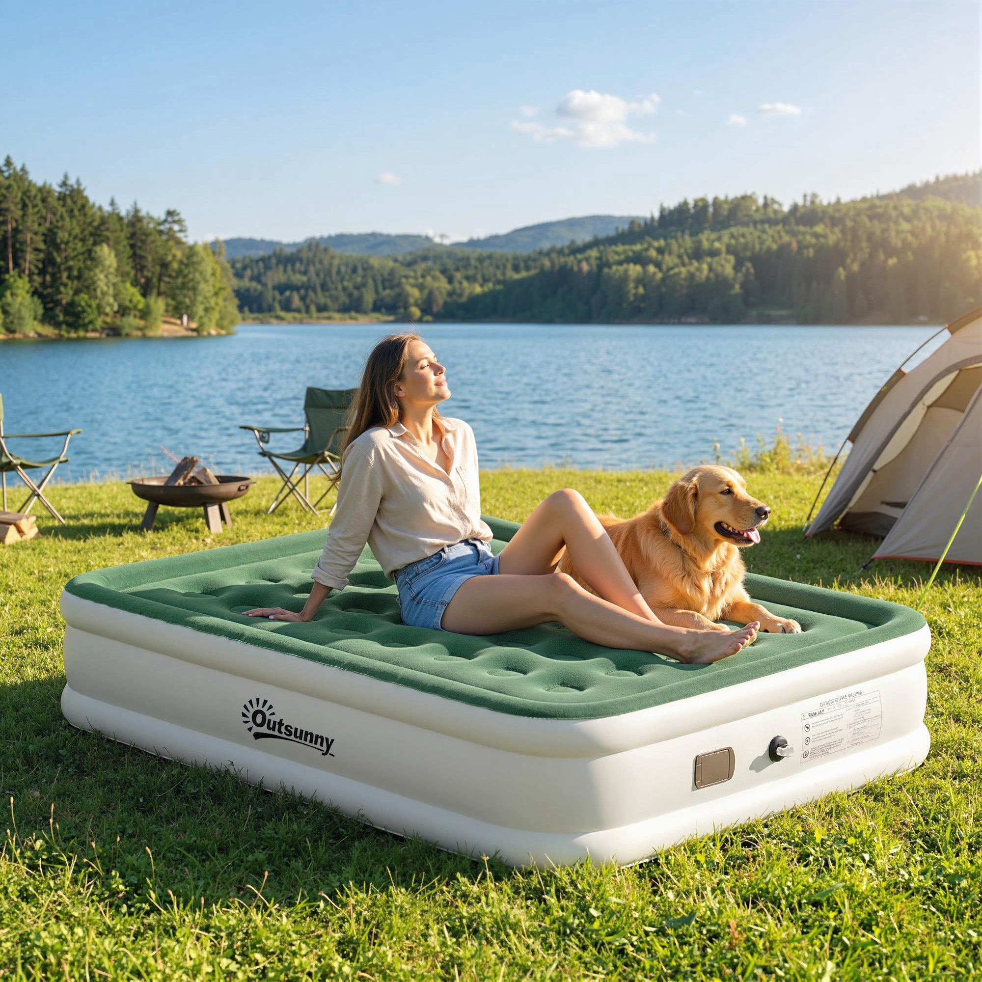 Outsunny Inflatable Mattress, Double Air Bed with Built-in Electric Pump, 3 Mins Inflation, Flocked Surface, Dark Green 