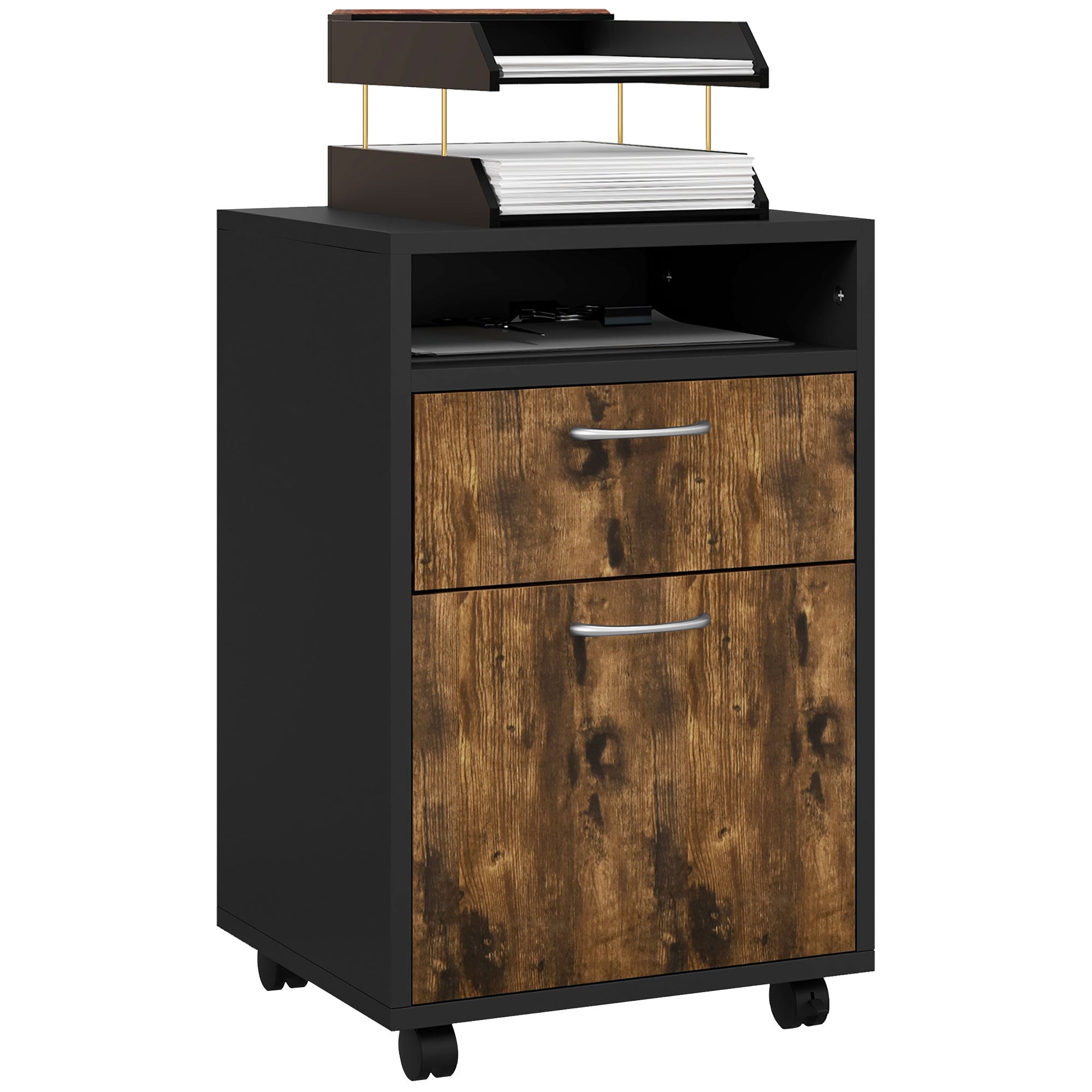 HOMCOM 60cm Filing Cabinet with Drawer, Open Shelf, Metal Handles and 4 Wheels, Office Home Organiser Mobile Printer, Rustic Brown 